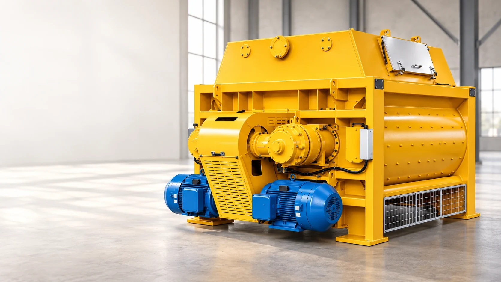Product visualization of a yellow MAO twin-shaft concrete mixer with two blue motors